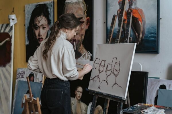 Una artista mujer pinta copas de vino en un lienzo en un entorno de estudio creativo.