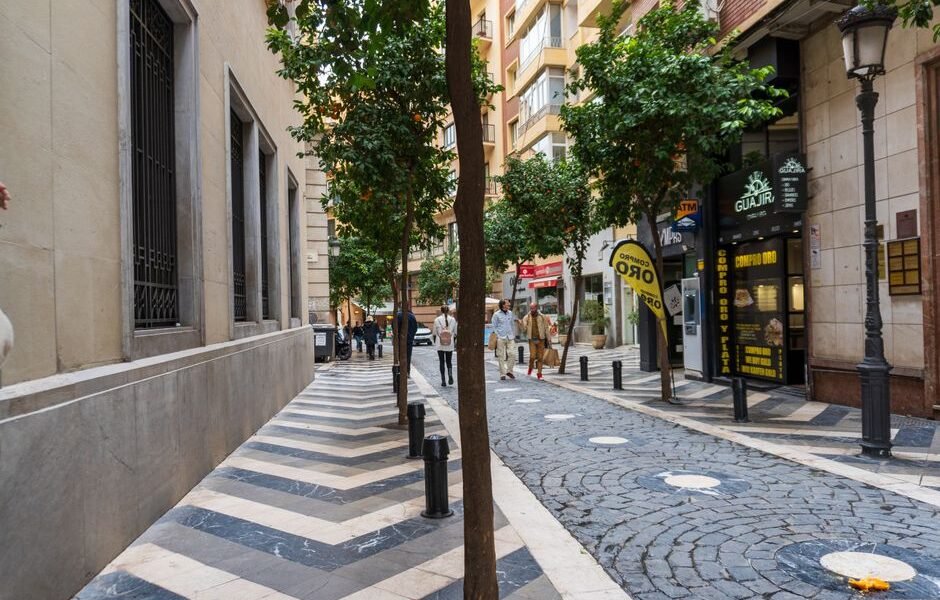 Encantadora calle urbana con pavimento, árboles y personas caminando, creando una vibrante atmósfera de verano.